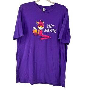 TeeTurtle "Knit Happens" Fox Purple Graphic T-Shirt Women L Short Sleeve Pun Tee